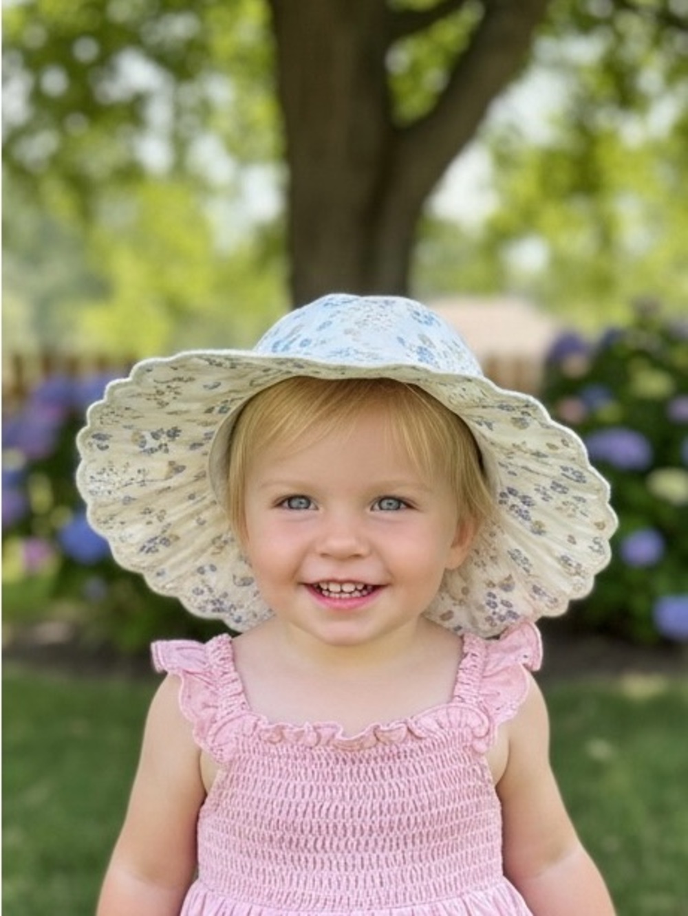Jessica Simpson Girls Floral Scalloped Sun Hat in Ivory and Blue